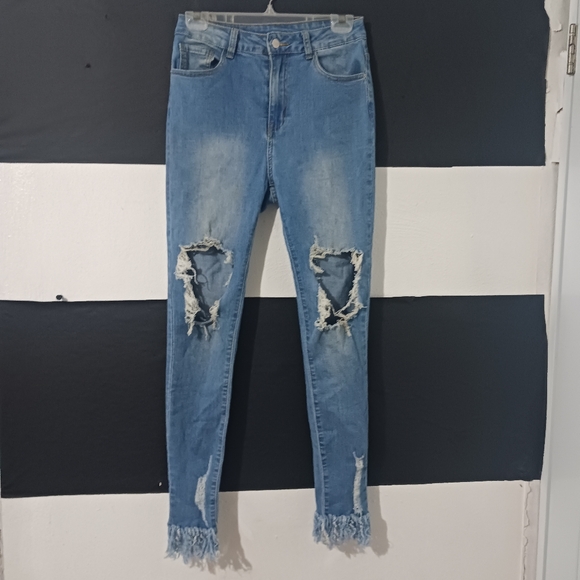 Shein Women light blue destroyed knee Fringe skinny jeans - Picture 2 of 12